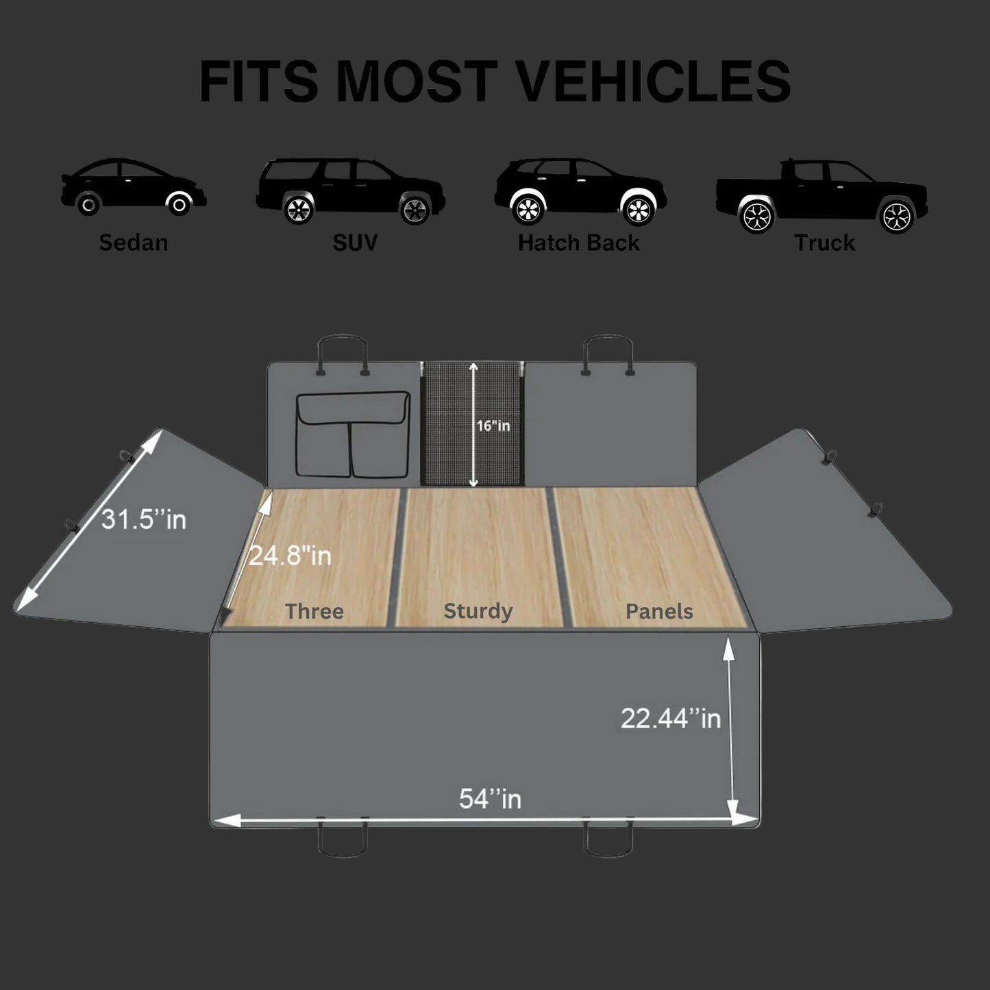 Diagram showing a vehicle cargo bed cover with dimensions and compatibility for different vehicle types.
