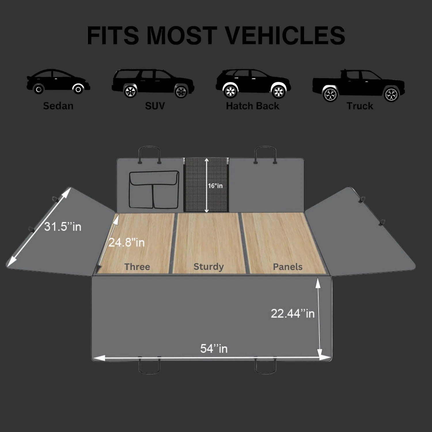 Diagram showing a vehicle cargo bed cover with dimensions and compatibility for different vehicle types.